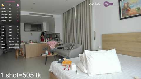 Media: Video of a modern, minimalist bedroom with a gray sofa, wooden headboard, and white bed. A woman in a pink robe stands in the kitchen area.