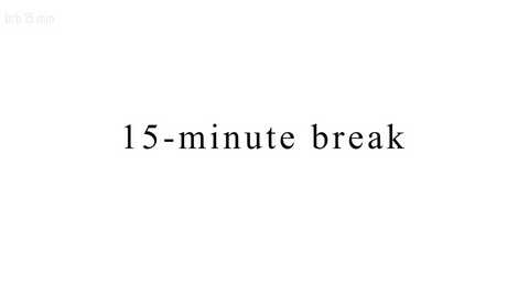 Media: A plain white background with centered black text reading \"15-minute break.\" The font is simple and sans-serif, with no additional images or colors. The image is minimalistic, focusing on the text's clear, legible message.