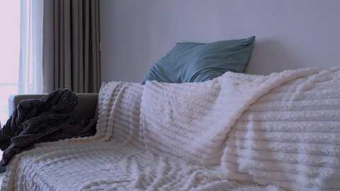 Media: Video of a cozy, sunlit living room featuring a beige couch with a white, textured blanket draped over it, along with a green pillow and a dark gray blanket, and sheer white curtains in the background.