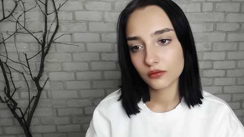 Media: Video of a young woman with pale skin, straight black hair, and light makeup, wearing a white shirt. She stands against a grey brick wall with a bare tree on the left.