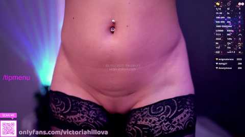 Media: Video of a nude, light-skinned woman with a belly button piercing, wearing black lace thigh-high stockings. Background features a blurred, purple-hued setting with social media icons.