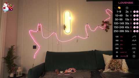 Media: A video of a cozy living room with a pink neon sign shaped like a heart, a green couch, and a Christmas tree.