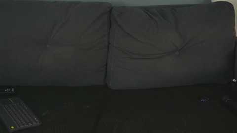 Video of a dark, worn-out gray couch with a remote control and a black keyboard placed on its surface, suggesting a dimly lit, possibly neglected living room setting.