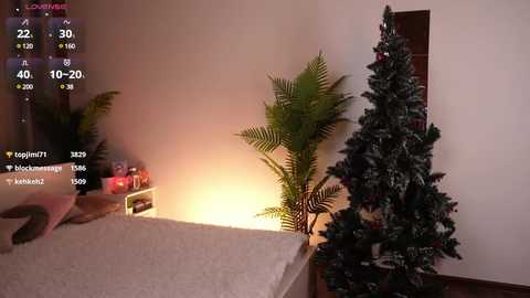 Media: Video of a cozy bedroom with a lit Christmas tree, green potted plants, a bed with white sheets, and a digital display showing temperature and humidity levels.