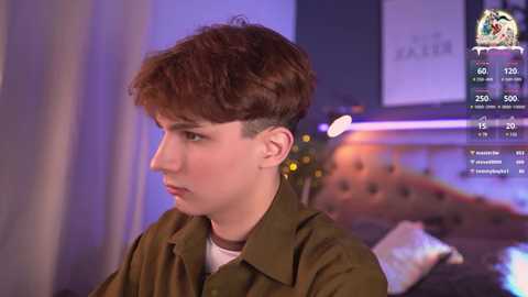 Media: Video of a young man with short, tousled brown hair, wearing a green jacket, in a dimly lit bedroom with a bed, a Christmas tree, and a \"SALE\" sign on the wall.