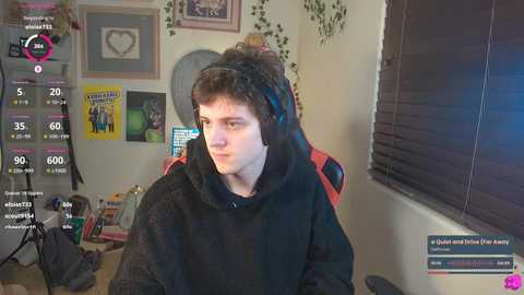 Media: Video of a young, fair-skinned man with short dark hair in a black hoodie, sitting in a gaming chair, surrounded by posters and plants in a cozy room.