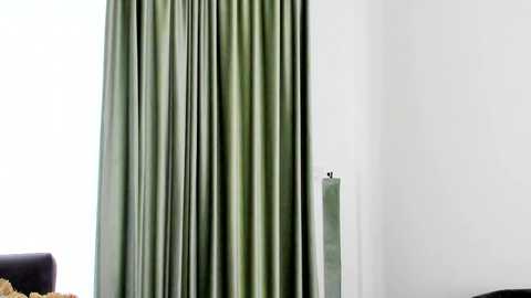 Media: A video of a modern room with a tall, light green curtain covering a window, a white wall, and a dark sofa in the foreground.