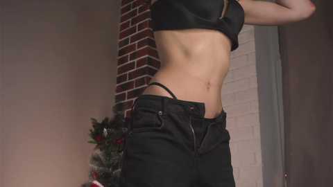 Media: Video of a slender, light-skinned woman in black lingerie and pants, standing against a red brick wall with a Christmas tree in the background.