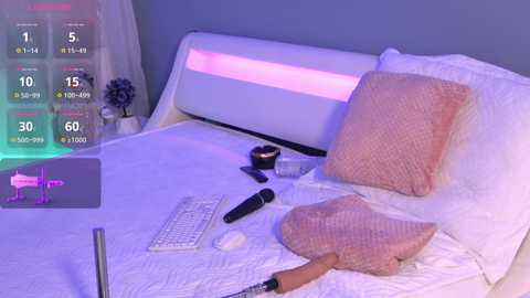 Media: A modern bedroom photo with a sleek, white bed, a colorful digital display, and various electronic devices, including a laptop, remote, and phone, on a white quilted blanket.