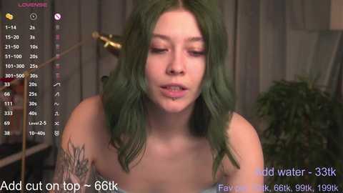 Media: A video shows a young woman with green hair, wearing a strapless top, and a large tattoo on her left arm, against a blurred indoor background. Text overlays indicate \"add cut on tab 66k\" and \"add water - 3.6k - 19,099 views.\