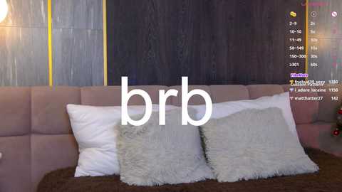 Media: Video of a modern bedroom with a plush, light pink tufted headboard, featuring two white pillows and a grey faux fur pillow. The background has a dark wooden wall with a subtle yellow accent.