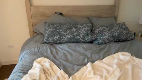 Media: Video of a neatly made bed with light wooden headboard, blue-gray patterned pillows, and a white blanket partially covering the mattress. The room has beige walls and a wooden floor.