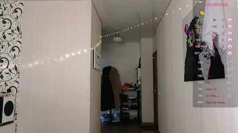 Media: Video of a narrow, white-walled hallway with string lights, a person partially visible in the background, colorful anime posters on the right wall, and a black-and-white patterned wall on the left.