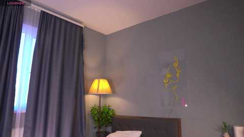 Media: A video of a minimalist bedroom corner featuring a grey upholstered headboard, a potted plant, a modern lamp, and a decorative yellow drawing on a grey wall.