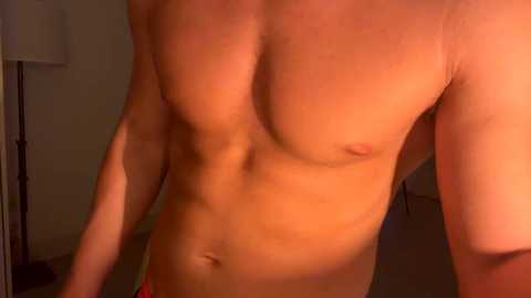 Media: A video of a shirtless, muscular, light-skinned man with a defined chest and abs, wearing red shorts, standing indoors in dim lighting.