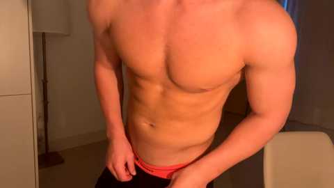 Media: Video of a shirtless, muscular, fair-skinned man in red underwear, standing indoors with a white lamp and beige wall in the background.