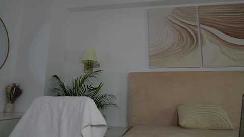 Media: Video of a minimalist bedroom with a beige upholstered bed, white walls, a modern wall lamp, potted plant, and abstract art on the wall.