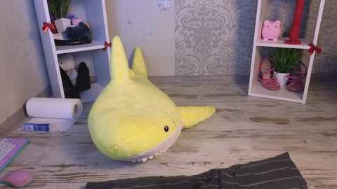 Media: A video of a plush shark toy on a wooden floor, surrounded by red ribbon-wrapped shelves holding toys and shoes, and a roll of toilet paper.