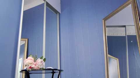 Media: Video of a room with a pale blue wall and two large, gold-framed mirrors reflecting each other. A small, black metal table holds a vase with pink and white flowers in the foreground.