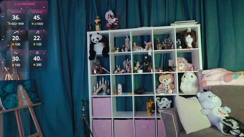 Media: Video of a cozy room with teal curtains, a white bookshelf filled with plush toys, and a pink playhouse with stuffed animals, featuring a \"Lounge\" display with character stats.