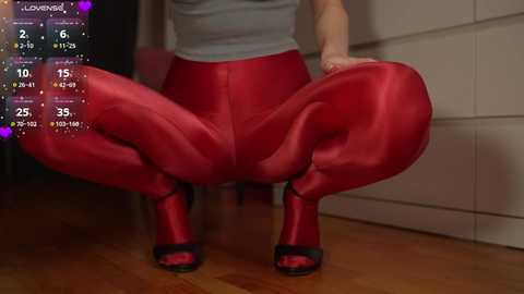 Media: Video of a woman in tight, shiny red leggings and black high heels squatting on a hardwood floor, with a digital interface overlay showing weather and calendar data.