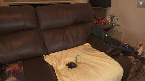 Media: A video of a cozy living room with a brown leather couch, a yellow blanket, a gaming controller, and a remote control on a beige carpet.