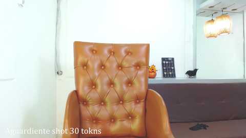 Media: Video of a modern, tan leather chair with a tufted backrest in a minimalist, brightly lit room featuring a dark brown desk and a wall-mounted bird sculpture.