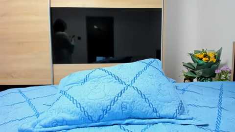 Media: Video of a bedroom with a light wooden wardrobe, blue quilted bedspread, a vase of sunflowers, and a mirror reflecting a person in the background.