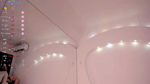 Media: Video of a futuristic, white, curved ceiling with soft, glowing lights. A digital calendar with pink accents and a person's hand visible on the left.