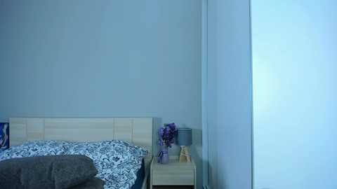 Media: Video of a minimalist bedroom with a light wooden headboard, blue and white floral bedspread, beige pillows, and a small nightstand with a vase of purple flowers. The room has a light blue wall and a large white window.