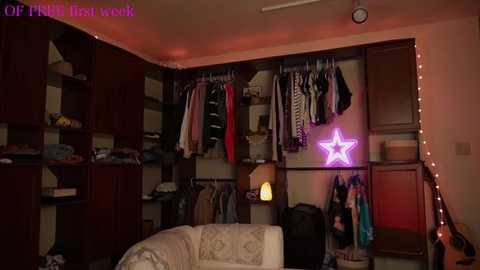 Media: Video of a cozy, dimly-lit bedroom with wooden wardrobes, a star-shaped neon light, and clothes hanging inside. A cream-colored sofa with floral patterns sits in the foreground.