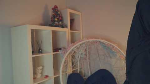 Media: Video of a cozy room with a beige wall, light wooden shelving unit, decorative Christmas tree, and a pastel-colored circular hanging chair.