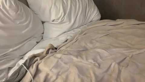 Media: Video of a bed with white pillows and a beige comforter, slightly wrinkled, featuring a man's arm draped over the blanket, indicating a relaxed, cozy scene.