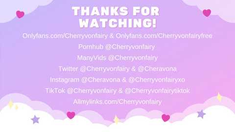 Media: A digital graphic with a purple gradient background featuring a text banner thanking viewers and promoting social media links. The design includes fluffy clouds and heart icons.