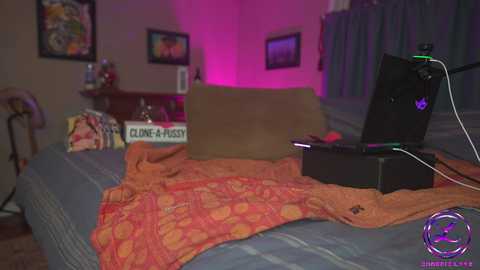 Media: Video of a cozy bedroom with a purple-pink glow, featuring a bed with an orange-patterned blanket, a laptop, and a plush toy.