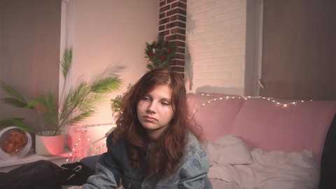 Media: Video of a young girl with long brown hair and a denim jacket, sitting on a pink bed with white pillows, in a cozy room with a brick wall, potted plants, and string lights.