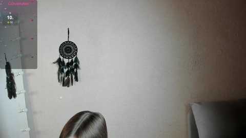 Media: A video of a white wall with a black feathered dreamcatcher hanging by a thin string. The background includes a portion of a person's shoulder and a small part of a white pillow.