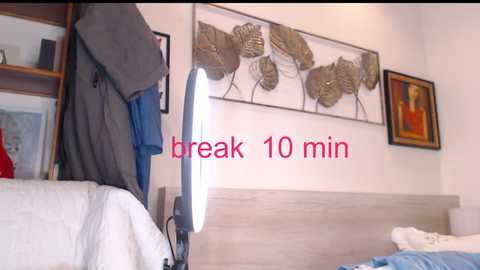 Media: Video of a modern bedroom with a light wooden headboard, a wall-mounted leaf art piece, framed painting, and a \"break 10 min\" text overlay.