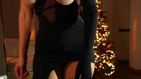 Media: Video of a woman in a black, sheer, sleeveless dress with a low neckline, standing in front of a lit Christmas tree in a warmly lit room.