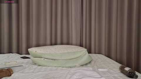 Media: Video of a bed with a pale green, cushioned headboard and two matching pillows. The bedspread is white, and the background features beige curtains. A brown bottle is on the bed, and a smartphone is on the floor near the pillow.