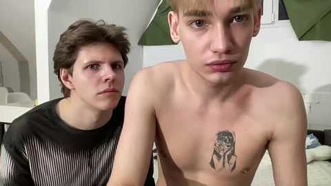 Video of two young men in a modern room: one with a black striped shirt, the other shirtless with a tattoo of a girl on his chest.