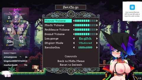 Media: A digital screenshot from a video game, showing character stats and a topless witch with large breasts, set against a forest background.