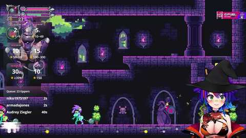 Media: This is a digital screenshot from a video game, featuring a stylized, pixelated medieval castle with a large, busty witch character on the right. The background is dark, with glowing windows and a menacing atmosphere.