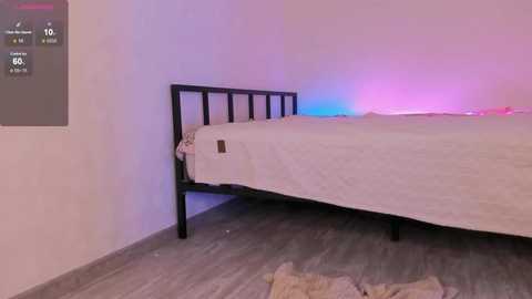 Media: Video of a minimalist bedroom with a black metal bed frame, white bedding, and a light gray wooden floor. The room is lit with a soft purple and blue glow, creating a serene ambiance.