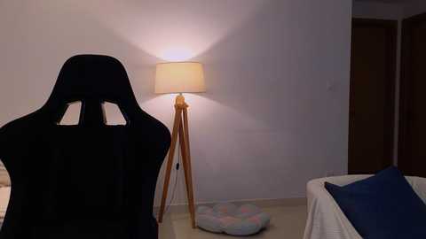 Media: Video of a minimalist bedroom with a black gaming chair, a wooden tripod lamp, and a colorful plush pillow on a beige carpeted floor.