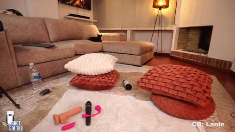 Media: Video of a cozy living room with beige sofa, white rug, and scattered sex toys, including a dildo, on a brick fireplace.