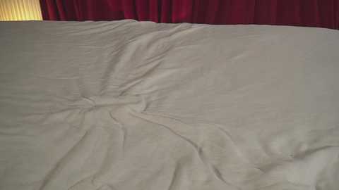 Media: A video of a neatly made bed with smooth, white sheets and a small, wrinkled pillow in the center. The background features a rich, burgundy curtain, contrasting with the white bedding. The setting appears to be a bedroom with a cozy, inviting atmosphere.