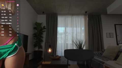 Media: A video of a modern, dimly-lit living room with a woman in green lingerie on the left, a large window with white curtains, and a potted plant on the right.