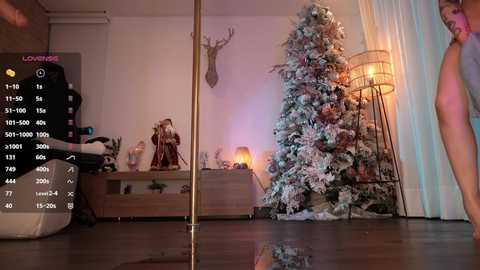 Media: A video of a cozy, festive living room with a Christmas tree, warm lighting, and a large mirror. A person, partially nude, stands in the background.