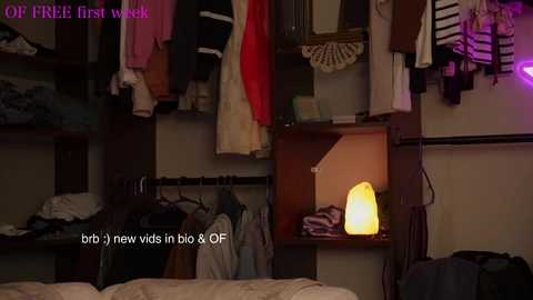 Media: Video of a dimly lit bedroom with a wooden closet filled with clothes, a small lamp casting a warm glow, and text overlay about new bidets and toilets.